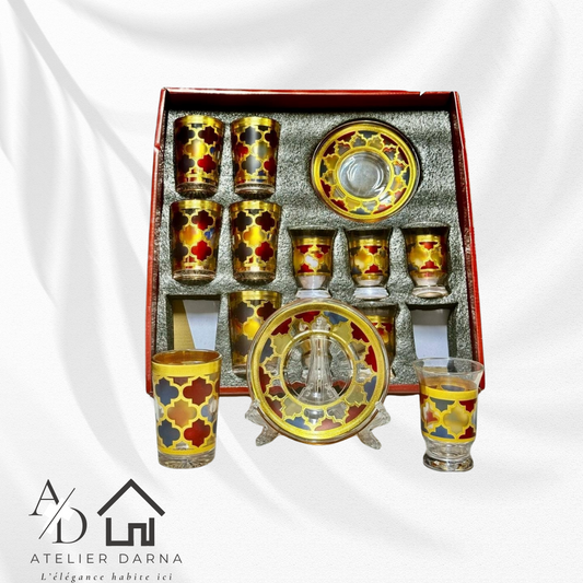 Coffret Verres à Thé Orientaux – Motif Moucharabieh Rouge & Or | Atelier Darna