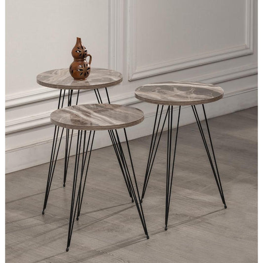 Ensemble de 3 Tables Gigognes Style Scandinave – Plateau Effet Bois Marbré &amp; Pieds Métal Noir