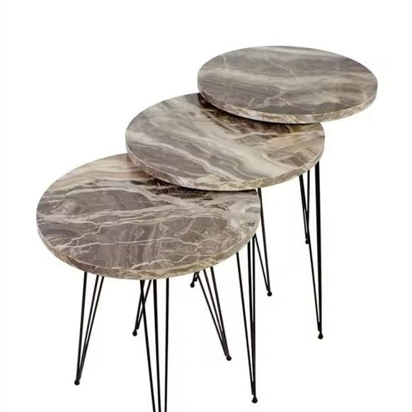 Ensemble de 3 Tables Gigognes Style Scandinave – Plateau Effet Bois Marbré &amp; Pieds Métal Noir