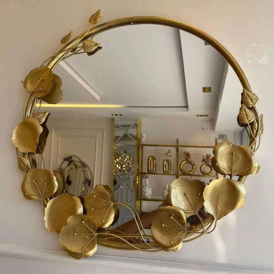 Miroir Rond Doré avec Fleurs Métalliques – Élégance et Raffinement 82CM