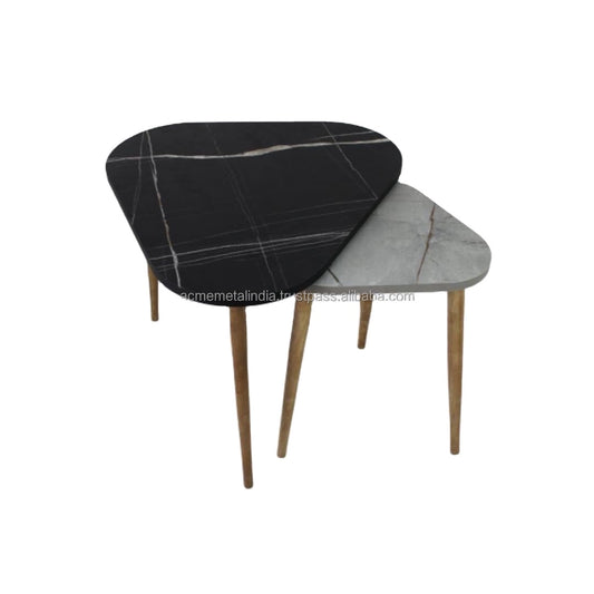 Ensemble de 2 Tables Gigognes Bicolores – Plateaux Effet Marbre Noir &amp; Blanc, Pieds Bois